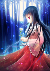 Rule 34 | 1girl, bamboo, black hair, blouse, bow, commentary request, flower, full moon, hime cut, holding, holding flower, houraisan kaguya, light particles, long hair, long sleeves, looking down, moon, morioka itari, pink shirt, red eyes, red skirt, shirt, skirt, solo, touhou, very long hair, wide sleeves