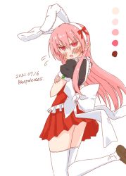 Rule 34 | 1girl, :o, animal ears, apron, bluepalettes, blush, bow, color guide, crossed arms, dated, dress bow, embarrassed, fake animal ears, flying sweatdrops, frilled apron, frills, from behind, headband, highres, leg up, long hair, looking at viewer, looking back, open mouth, pink hair, pleated skirt, rabbit ears, red bow, red eyes, red skirt, short sleeves, simple background, skirt, solo, standing, standing on one leg, sweatdrop, thighhighs, tonikaku kawaii, white apron, white background, white headband, white thighhighs, yuzaki tsukasa, zettai ryouiki