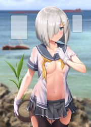 Rule 34 | 1girl, areola slip, black pantyhose, blue eyes, blurry, blurry background, blush, breasts, closed mouth, collarbone, commentary, cowboy shot, day, gloves, hair ornament, hairclip, hamakaze (kancolle), hand up, highres, holding, ichikawa feesu, kantai collection, looking away, miniskirt, navel, no bra, open clothes, open shirt, outdoors, pantyhose, pleated skirt, sailor collar, see-through, shirt, short hair, silver hair, skirt, solo, template, thighs, torn clothes, torn pantyhose, torn shirt, torn skirt, wet, wet clothes, wet hair, wet shirt, white gloves, white shirt