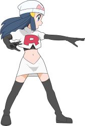 Rule 34 | 1girl, beanie, black footwear, black gloves, black hair, boots, commentary request, cosplay, creatures (company), cropped jacket, dawn (pokemon), elbow gloves, eyelashes, full body, game freak, gloves, grey eyes, hainchu, hair ornament, hairclip, hat, highres, jacket, jessie (pokemon), jessie (pokemon) (cosplay), long hair, navel, nintendo, open mouth, outstretched arm, pokemon, pokemon (anime), pokemon dppt (anime), sidelocks, simple background, skirt, solo, thigh boots, thighhighs, white background, white hat, white jacket, white skirt