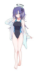 Rule 34 | 1girl, absurdres, alternate costume, bare legs, bare shoulders, barefoot, blue archive, blue hair, blush, breasts, collarbone, competition swimsuit, covered navel, cowboy shot, full body, hair between eyes, hair ornament, halo, highleg, highleg swimsuit, highres, jacket, long hair, long sleeves, looking at viewer, medium breasts, off shoulder, one-piece swimsuit, open clothes, open jacket, purple eyes, purple hair, saboten, shirt, simple background, solo, standing, swimsuit, thighs, very long hair, white background, white shirt, yuuka (blue archive)