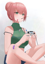 Rule 34 | 1girl, absurdres, bandaid, bandaid on face, bandaid on leg, bandaid on shoulder, bare shoulders, blue shorts, blush, bra strap, breasts, commentary request, controller, crop top, food, food in mouth, game controller, green eyes, hair bun, highres, holding, holding controller, holding game controller, indian style, jewelry, long hair, medium breasts, necklace, original, pige pig, pink hair, pocky, pocky in mouth, shorts, sitting, solo, strap slip