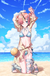 Rule 34 | 1girl, absurdres, arms up, bandages, beach, bikini, bikini under clothes, blue eyes, blue sky, breasts, cleavage, cloud, covered erect nipples, day, fate/grand order, fate (series), frankenstein&#039;s monster (fate), frankenstein&#039;s monster (swimsuit saber) (fate), frankenstein&#039;s monster (swimsuit saber) (first ascension) (fate), gluteal fold, hair over one eye, highres, horns, kneeling, medium breasts, navel, ocean, outdoors, pink hair, sandals, sarong, side-tie bikini bottom, single horn, sky, smile, solo, swimsuit, swimsuit under clothes, ten no hoshi