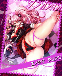 Rule 34 | 10s, 1girl, ass, breasts, cleavage, curvy, danganronpa (series), danganronpa: trigger happy havoc, enoshima junko, female focus, frills, highres, kicking, large breasts, lingerie, microphone, momofuki rio, panties, pantyshot, partially visible vulva, plaid, plaid skirt, skirt, solo, text focus, thick thighs, thighs, thong, tongue, translated, twintails, underwear, upskirt, wink