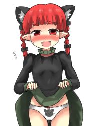 Rule 34 | 1girl, animal print, blunt bangs, blush, bow, braid, cat print, clothes lift, fang, flying sweatdrops, gaoo (frpjx283), hair bow, highres, kaenbyou rin, open mouth, panties, pointy ears, print panties, red eyes, red hair, skirt, skirt lift, solo, touhou, twin braids, underwear