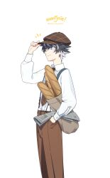 Rule 34 | 1boy, absurdres, bag, baguette, black hair, blue eyes, bread, brown hat, brown necktie, brown pants, cabbie hat, charlemagne (fate), closed mouth, collared shirt, commentary, english commentary, fate/grand order, fate (series), food, hat, highres, holding, holding bag, house tag denim, long sleeves, male focus, multicolored hair, necktie, official alternate costume, pants, paper bag, shirt, short hair, simple background, smile, solo, streaked hair, suspenders, twitter username, two-tone hair, white background, white hair, white shirt