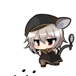 Rule 34 | 1girl, alternate costume, animal ears, chibi, dowsing rod, hat, magnifying glass, mouse ears, mouse tail, nazrin, open mouth, red eyes, short hair, silver hair, simple background, solo, tail, touhou, twumi, white background