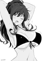 Rule 34 | 1girl, armpits, arms up, bikini, blush, breasts, cleavage, curly hair, fang, front-tie bikini top, front-tie top, grey background, greyscale, hair between eyes, halterneck, kichihachi, large breasts, long hair, looking at viewer, monochrome, motion lines, navel, open mouth, original, ponytail, simple background, skin fang, solo, stomach, swimsuit, tan, tanline, twitter username, upper body