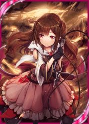 Rule 34 | 1girl, akkijin, bare shoulders, black gloves, brown hair, card (medium), dress, gloves, holding, holding weapon, lightning, official art, red eyes, shinkai no valkyrie, shy, solo, weapon, whip