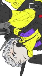 Rule 34 | 1girl, absurdres, animification, apex legends, armor, black eyes, bodysuit, breastplate, grey hair, head tilt, highres, jetpack, looking to the side, parted lips, portrait, sketch, solo, upside-down, valkyrie (apex legends), white background, yellow bodysuit, yoneyama mai