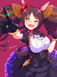 Rule 34 | + +, 1girl, animal ears, black bow, black dress, black gloves, bow, breasts, commentary request, dress, ear ornament, fang, frilled dress, frills, gloves, highres, horse ears, horse girl, horse tail, large breasts, long hair, looking at viewer, marvelous sunday (umamusume), one eye closed, open mouth, pointing, pointing up, puffy short sleeves, puffy sleeves, short sleeves, skin fang, smile, solo, tail, twintails, umamusume, utada kuero, yellow eyes