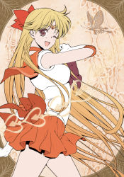 Rule 34 | 1girl, ;d, aino minako, back bow, bishoujo senshi sailor moon, blonde hair, bow, brown background, choker, circlet, cowboy shot, elbow gloves, gloves, hair bow, legs apart, long hair, looking at viewer, magical girl, one eye closed, open mouth, orange bow, orange neckwear, orange sailor collar, orange skirt, pleated skirt, purple bow, purple eyes, red bow, sailor collar, sailor senshi uniform, sailor venus, skirt, smile, solo, standing, white gloves, xiuren