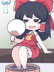 Rule 34 | 1girl, ascot, bare shoulders, black eyes, black hair, blush stickers, bow, chahan (fried rice0614), hair bow, hair tubes, hakurei reimu, hand fan, highres, holding, holding fan, japanese clothes, medium hair, nontraditional miko, one-hour drawing challenge, open mouth, paper fan, red bow, red skirt, sidelocks, sitting, skirt, soaking feet, solo, touhou, uchiwa, water, wind chime, yellow ascot