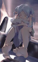 Rule 34 | &gt;3&lt;, absurdres, barefoot, black robe, blunt bangs, commentary, dangle earrings, earrings, elf, feet, fern (sousou no frieren), frieren, grey hair, highres, hugging object, indoors, jewelry, long hair, messy hair, morning, on bed, parted bangs, pillow, pillow hug, pointy ears, robe, shoulder strap, sitting, sousou no frieren, straight hair, strap slip, sweatdrop, twintails, waking up, xrika