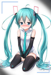 Rule 34 | 1girl, ahoge, akira (been0328), aqua eyes, aqua hair, blush, covering privates, covering crotch, crying, hatsune miku, highres, kneeling, looking at viewer, necktie, seiza, simple background, sitting, solo, tears, twintails, vocaloid