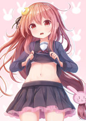 Rule 34 | 10s, 1girl, blush, bra, clothes lift, cowboy shot, crescent, crescent hair ornament, frilled skirt, frills, hair ornament, hair ribbon, highres, kantai collection, kyuupura, long hair, long sleeves, looking at viewer, low-tied long hair, navel, neck ribbon, open mouth, pink background, rabbit background, rabbit hair ornament, red eyes, red hair, ribbon, sailor collar, shirt lift, skirt, solo, stomach, underwear, uzuki (kancolle), very long hair, white bra
