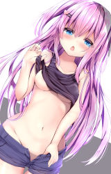 Rule 34 | 1girl, :o, bare arms, bare shoulders, black tank top, blue eyes, blue shorts, blush, breasts, chestnut mouth, clothes lift, clothes pull, collarbone, commentary request, grey background, groin, hair between eyes, hair ornament, hairclip, heart, heart hair ornament, highres, kouda suzu, lifted by self, long hair, medium breasts, navel, open clothes, open fly, open mouth, open shorts, original, pink hair, pulled by self, purple hair, shirt lift, short sleeves, shorts, shorts pull, simple background, solo, tank top, two-tone background, two side up, unbuttoned, underboob, very long hair, white background