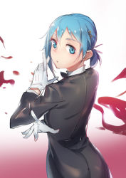 Rule 34 | 10s, 1girl, absurdres, blue eyes, blue hair, formal, from behind, gloves, highres, looking at viewer, looking back, mahou shoujo madoka magica, mahou shoujo madoka magica (anime), matching hair/eyes, miki sayaka, pg (pgouwoderen), short hair, short ponytail, simple background, sketch, solo, suit, white gloves