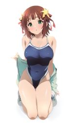 Rule 34 | 1girl, absurdres, amami haruka, b1ack illust, blue one-piece swimsuit, breasts, brown hair, cleavage, competition swimsuit, covered navel, full body, green eyes, hair ribbon, highleg, highleg swimsuit, highres, idolmaster, idolmaster (classic), jacket, jacket partially removed, large breasts, looking at viewer, one-piece swimsuit, ribbon, seiza, short hair, simple background, sitting, solo, swimsuit, two-tone swimsuit, white background