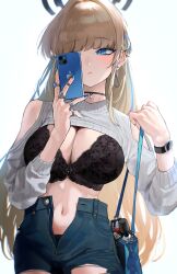 Rule 34 | 1girl, absurdres, bag, black bra, black choker, blonde hair, blue archive, blue eyes, blue nails, bra, cellphone, choker, closed mouth, clothes lift, denim, denim shorts, earrings, halo, highres, holding, holding bag, holding phone, jewelry, kazane-wind, long hair, multiple rings, open fly, panties, panty peek, phone, ring, selfie, shirt lift, short shorts, shorts, simple background, smartphone, smartwatch, solo, toki (blue archive), underwear, upper body, very long hair, watch, white background, wristwatch