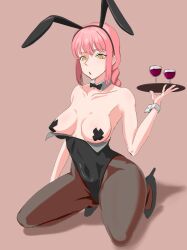 Rule 34 | 1girl, alcohol, breasts, breasts out, chainsaw man, highres, large breasts, leotard, makima (chainsaw man), medium breasts, pasties, playboy bunny, red hair, squatting, unusual pupils, wine, yellow eyes