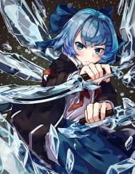 Rule 34 | 1girl, alternate costume, blue bow, blue eyes, blue hair, blue skirt, bow, cirno, dagger, dual wielding, hair bow, hair ornament, hairclip, holding, holding weapon, ice, ice wings, knife, looking at viewer, natori youkai, ringed eyes, serious, short hair, skirt, solo, touhou, weapon, wings