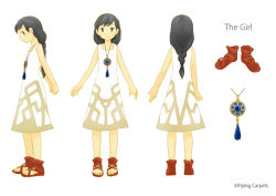 Rule 34 | 1girl, black hair, character name, character sheet, dress, english text, from behind, jewelry, long hair, monaka (siromona), necklace, sandals, simple background, solo, standing, the girl and the robot, white background