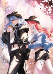 Rule 34 | 1girl, 2girls, absurdres, alternate costume, baseball cap, black hair, black jacket, black pants, black shorts, blue hair, blue jacket, blurry, blurry background, blurry foreground, blush, bread, breasts, brown hat, cherry blossoms, commentary, cowboy shot, crop top, cropped shirt, eating, food, from side, green eyes, grey background, hand in pocket, hat, highres, holding, hololive, hood, hooded jacket, hoshimachi suisei, index finger raised, jacket, kuma daigorou, large breasts, light blush, long hair, looking ahead, mask, mask pull, midriff, mouth mask, multiple girls, navel, off shoulder, open clothes, open jacket, open mouth, pants, petals, pink hair, profile, red hair, sakura miko, shirt, shorts, sleeves past wrists, small breasts, solo, surgical mask, symbol-only commentary, unworn mask, virtual youtuber, white mask, white shirt