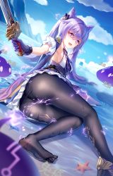 Rule 34 | 1girl, absurdres, ass, bare shoulders, black pantyhose, blush, breasts, double bun, dress, electricity, fang, feet, genshin impact, gloves, hair bun, hair ornament, highres, keqing (genshin impact), lalazyt, legs, long hair, looking at viewer, no shoes, ocean, open mouth, pantyhose, purple dress, purple eyes, purple gloves, purple hair, small breasts, smile, soles, starfish, sword, tears, twintails, water, weapon, wet