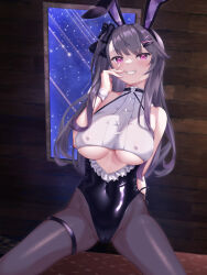 Rule 34 | 1girl, animal ears, arm behind back, azur lane, black bow, bow, breastless leotard, breasts, brown hair, commentary request, covered erect nipples, crop top, fingers to mouth, frilled leotard, frills, grin, hair bow, hair ornament, hairclip, hakamaboooots, hand on own cheek, hand on own face, hand up, highres, indoors, large breasts, legs apart, leotard, long hair, looking at viewer, night, night sky, pamiat merkuria (azur lane), pantyhose, pink eyes, rabbit ears, side ponytail, skindentation, sky, sleeveless, smile, solo, straddling, thigh strap, thighs, underboob, very long hair, window, wrist cuffs