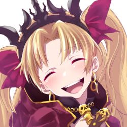 Rule 34 | 1girl, :d, blonde hair, blush, cape, earrings, ereshkigal (fate), closed eyes, fate/grand order, fate (series), gold trim, gyuunyuukeepaa, hair ribbon, jewelry, long hair, open mouth, red cape, red ribbon, ribbon, skull, smile, solo, tiara, tohsaka rin, twintails, two side up