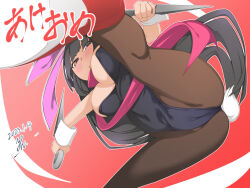 Rule 34 | 1girl, :o, akeome, artist name, ass, black eyes, black hair, black leotard, blush, breasts, brown pantyhose, cameltoe, chinese zodiac, cleavage, commentary request, covered navel, dated, dual wielding, floating, foreshortening, from below, hair ribbon, half-closed eyes, happy new year, holding, holding weapon, kneepits, kunai, leotard, long hair, looking at viewer, medium breasts, neck ribbon, new year, original, pantyhose, parted lips, partial commentary, playboy bunny, purple ribbon, red footwear, red ribbon, reverse grip, ribbon, shoes, signature, solo, strapless, strapless leotard, translated, very long hair, weapon, wrist cuffs, y jinn, year of the rabbit
