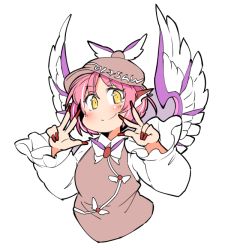 Rule 34 | 1girl, animal ears, bird ears, bird wings, blush, border, brown dress, brown headwear, closed mouth, cropped torso, double v, dress, earrings, fingernails, frilled sleeves, frills, ini (inunabe00), jewelry, long fingernails, long sleeves, mystia lorelei, nail polish, pink hair, red nails, short hair, simple background, single earring, smile, solo, touhou, transparent border, v, white background, white wings, wide sleeves, winged hat, wings, yellow eyes