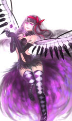 Rule 34 | 10s, 1girl, akemi homura, akuma homura, alternate breast size, argyle, argyle clothes, argyle legwear, bad id, bad pixiv id, bare shoulders, black gloves, black hair, bow, breasts, choker, dark orb (madoka magica), dress, elbow gloves, feathered wings, fm, gloves, hair bow, highres, long hair, looking at viewer, mahou shoujo madoka magica, mahou shoujo madoka magica: hangyaku no monogatari, open mouth, purple eyes, simple , simple background, smile, solo, spoilers, thighhighs, white background, wings