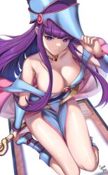 Rule 34 | absurdres, alternate costume, blue footwear, blue hat, caiman pool, capelet, cosplay, dark magician girl, dark magician girl (cosplay), fern (sousou no frieren), hat, highres, holding, holding wand, mage staff, pentacle, pink capelet, purple hair, purple pupils, sousou no frieren, wand, wizard hat, yu-gi-oh!