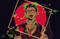 Rule 34 | 1boy, doumoto (anasaki15), glasses, joseph oda, male focus, red eyes, slime (substance), solo, the evil within, tongue, tongue out, vest, waistcoat