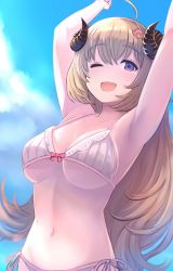 Rule 34 | 1girl, ;d, ahoge, armpits, arms up, bare arms, bare shoulders, bikini, blonde hair, breasts, cleavage, cloud, day, enumiyaa, front-tie bikini top, front-tie top, hair ornament, highres, hololive, horns, large breasts, long hair, looking at viewer, navel, one eye closed, open mouth, purple eyes, sheep horns, side-tie bikini bottom, sky, smile, solo, stomach, string bikini, swimsuit, tsunomaki watame, upper body, virtual youtuber, white bikini