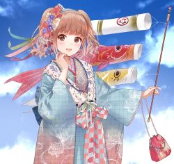 Rule 34 | 1girl, bag, brown eyes, brown hair, cowboy shot, day, fukahire (ruinon), japanese clothes, jewelry, kimono, koinobori, matching hair/eyes, miracle nikki, necklace, solo, standing, two side up, unmoving pattern, windsock