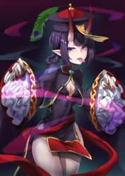 Rule 34 | 1girl, absurdres, braid, braided hair rings, breasts, china dress, chinese clothes, cleavage, covered navel, cowboy shot, dress, fang, fate/grand order, fate (series), fingernails, frilled sleeves, frills, hair rings, hat, highres, horns, iku! iku!!, jacket, jiangshi, long fingernails, long hair, long sleeves, looking at viewer, medium breasts, nail polish, no panties, ofuda, oni, open mouth, outstretched arms, peacock feathers, pelvic curtain, pointy ears, purple dress, purple eyes, purple hair, purple jacket, qingdai guanmao, red horns, red nails, sash, short dress, shuten douji (fate), shuten douji (festival outfit) (fate), skin-covered horns, smoke, solo, tongue, tongue out, twin braids, wide sleeves
