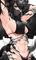 Rule 34 | 1girl, abs, absurdres, armlet, armpits, arms up, au ra, warrior of light (ff14), black hair, breasts, fictional persona, final fantasy, final fantasy xiv, highres, horns, j.moon, jewelry, large breasts, lips, looking at viewer, medium hair, navel, parted lips, red eyes, see-through, sideboob, simple background, smile, solo, tail, white background