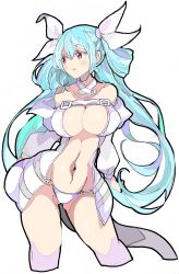 Rule 34 | 1girl, blue hair, breasts, cleavage, dizzy (guilty gear), enpe, guilty gear, highres, large breasts, midriff, navel, red eyes, ribbon, simple background, solo, tail, thighhighs, thighs, underboob, white background, white ribbon