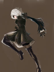 Rule 34 | 1girl, black dress, black thighhighs, blindfold, boots, cleavage cutout, clothing cutout, dress, full body, gloves, high heel boots, high heels, highres, juliet sleeves, long sleeves, mole, mole under mouth, nier (series), nier:automata, puffy sleeves, shiny clothes, short hair, silver hair, solo, square enix, standing, thigh boots, thighhighs, 2b (nier:automata)