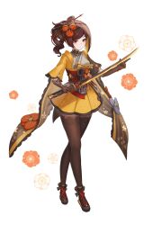 Rule 34 | 1girl, absurdres, brown gloves, brown hair, brown pantyhose, chiori (genshin impact), colored inner hair, crossed legs, dot mouth, drill hair, drill ponytail, flower (symbol), full body, genshin impact, gloves, grey kimono, grey shirt, hair ornament, hair stick, highres, holding, holding sword, holding weapon, japanese clothes, kimono, looking at object, multicolored hair, pantyhose, red eyes, red sash, sash, shirt, sidelocks, sinonomemikann, skirt, solo, standing, sword, uraku misugiri (genshin impact), weapon, white background, wide sleeves, yellow shirt, yellow skirt