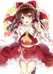 Rule 34 | 1girl, ascot, bow, brown footwear, brown hair, detached sleeves, hair bow, hair tubes, hakurei reimu, highres, holding, long hair, looking at viewer, midriff, miniskirt, navel, ofuda, open mouth, pero (pixiv15896580), red eyes, red skirt, ribbon-trimmed sleeves, ribbon trim, shoes, sidelocks, skirt, skirt set, smile, solo, touhou, vest