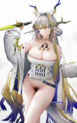Rule 34 | 1girl, alternate breast size, arknights, bare shoulders, blonde hair, blue hair, bottomless, breasts, choker, cleavage, colored tips, dragon girl, dragon horns, earrings, female pubic hair, gradient hair, grey hair, highres, holding, holding sword, holding weapon, horns, jacket, jewelry, large breasts, long hair, long sleeves, looking at viewer, multicolored hair, off shoulder, open clothes, open jacket, pointy ears, pubic hair, shu (arknights), solo, strapless, sword, tassel, tassel earrings, tube top, weapon, white background, white jacket, yuuki mix