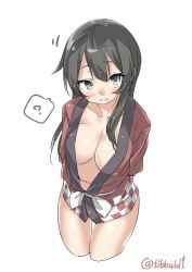 Rule 34 | 10s, 1girl, ?, agano (kancolle), alternate costume, arms behind back, bad id, bad twitter id, black eyes, black hair, blush, breasts, center opening, cleavage, collarbone, cowboy shot, cropped legs, ebifurya, eyebrows, happi, highres, inactive account, japanese clothes, kantai collection, large breasts, long hair, looking at viewer, motion lines, navel, no bra, open mouth, short sleeves, sidelocks, simple background, solo, speech bubble, spoken question mark, thigh gap, twitter username, white background