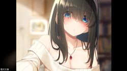 Rule 34 | 1girl, absurdres, black hair, blue eyes, blush, breasts, cleavage, collarbone, commentary request, eyes visible through hair, go-1, hairband, highres, idolmaster, idolmaster cinderella girls, jewelry, long hair, looking at viewer, necklace, off-shoulder sweater, off shoulder, pillarboxed, sagisawa fumika, selfie, solo, sweater, upper body, white hairband, white sweater
