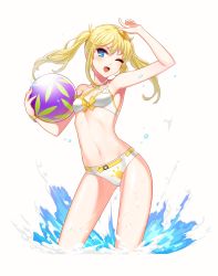 Rule 34 | 1girl, ;d, absurdres, arm up, armpits, ball, beachball, belt, bikini, blonde hair, blue eyes, bracelet, breasts, cleavage, closers, floating hair, hair between eyes, highres, holding, holding ball, jewelry, long hair, navel, official art, one eye closed, open mouth, seulbi lee, simple background, small breasts, smile, solo, stomach, swimsuit, thighs, twintails, v-shaped eyebrows, white background, white bikini