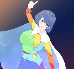 Rule 34 | 1girl, arm up, bag, blue eyes, blue hair, buttons, cape, cloud print, dress, estherelaitea, hairband, highres, index finger raised, long sleeves, multicolored clothes, multicolored dress, multicolored hairband, open mouth, pointing, pointing up, purple hair, rainbow gradient, short hair, sky print, smile, solo, standing, tenkyuu chimata, touhou, unconnected marketeers