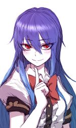 Rule 34 | &gt;:), 1girl, arm at side, blue hair, blush, buttons, center frills, closed mouth, collared shirt, colored skin, commentary request, eyes visible through hair, frills, gradient hair, hair between eyes, hinanawi tenshi, index finger raised, long hair, looking at viewer, miata (miata8674), multicolored hair, no headwear, pale skin, puffy short sleeves, puffy sleeves, purple hair, red eyes, shirt, short sleeves, simple background, sketch, smile, solo, straight hair, touhou, tsurime, upper body, v-shaped eyebrows, white background, white shirt, white skin, wing collar